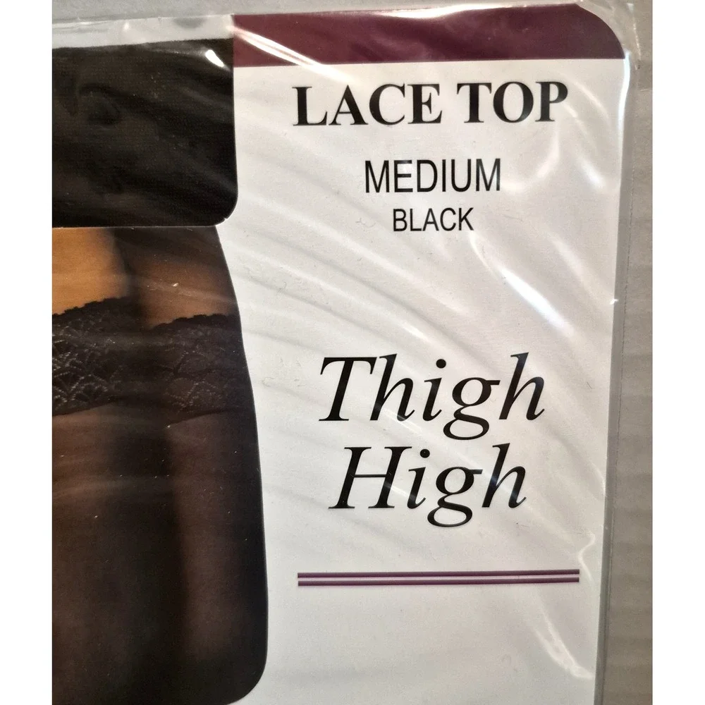 On The Go! Silky Sheer Thigh High Stockings Black Stay Up Lace Top 2 Pairs Sz M